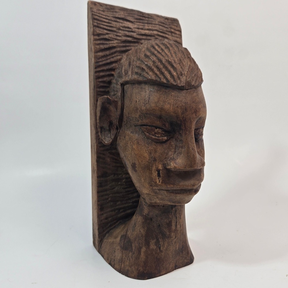 Vintage Hand Carved African Wood Bust Male Head Sculpture Statue 9in